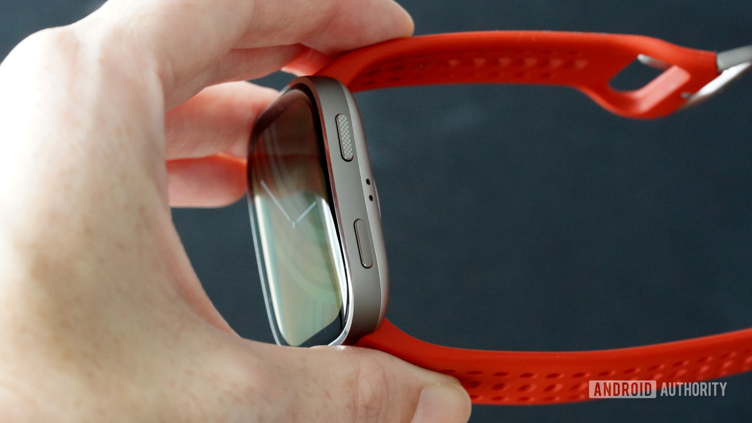 The Aluminum Amazfit Bip 6 watch case is lightweight with two side buttons and a flat tempered glass face.