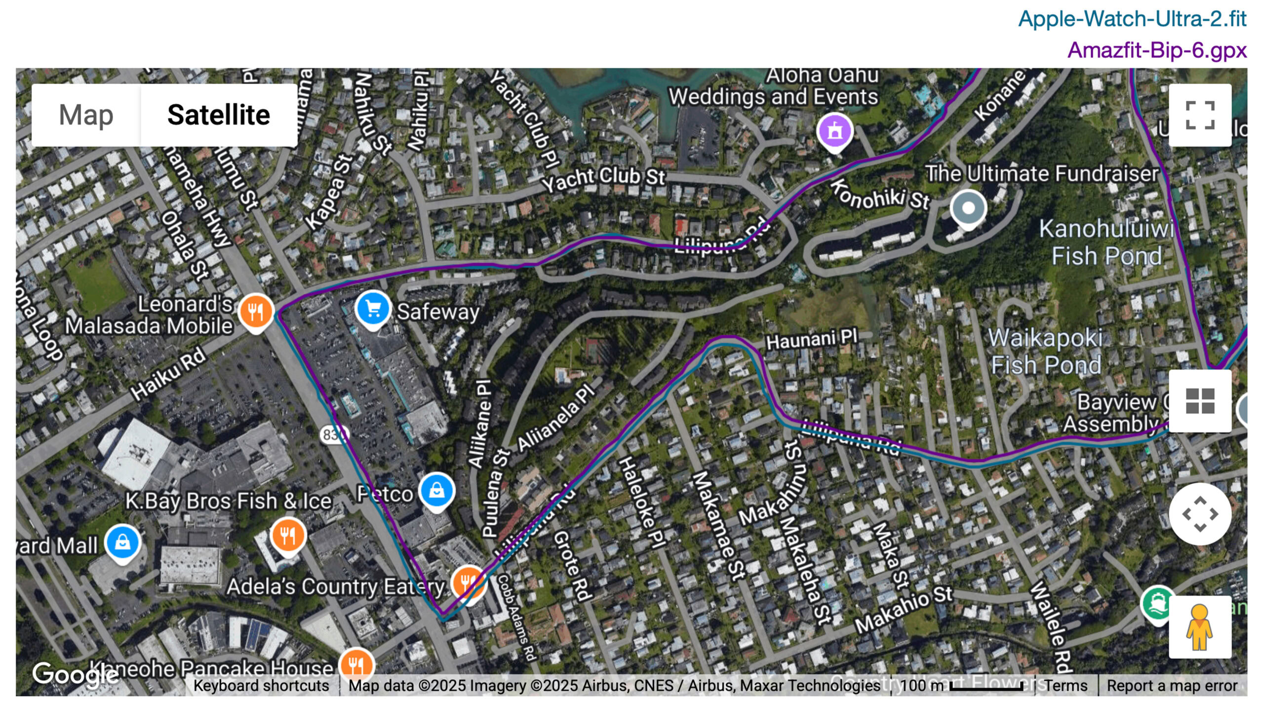 Amazfit Bip 6 GPS A GPS map shows a route as recorded by an Amazfit Bip 6 and an Apple Watch.