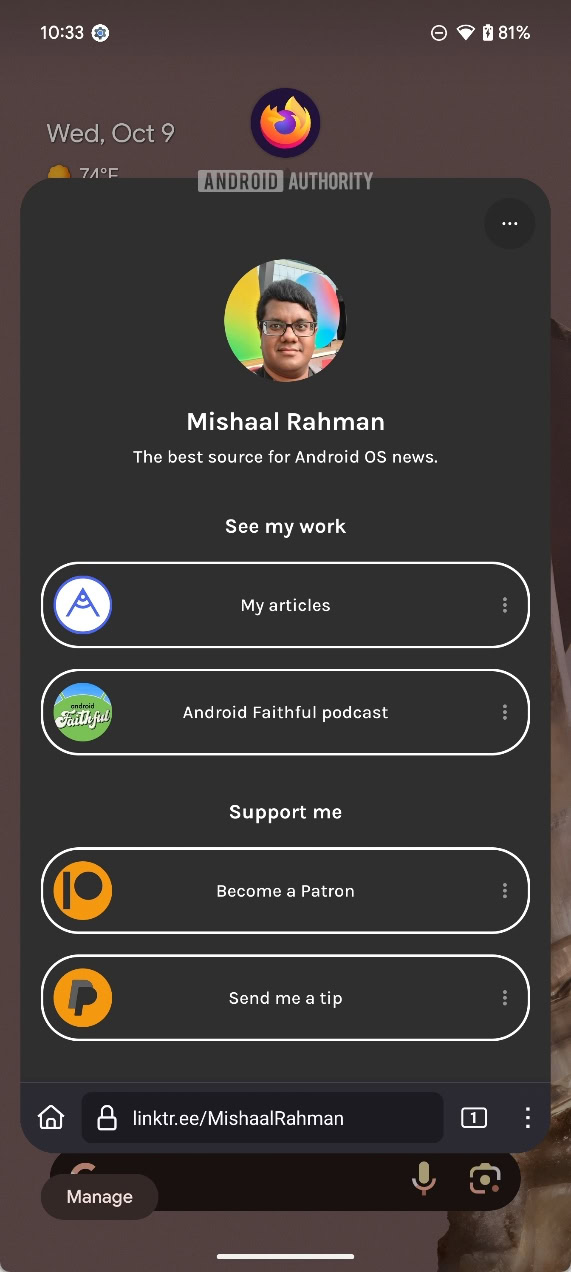Android 15 QPR1 Beta 2 Firefox in a floating bubble