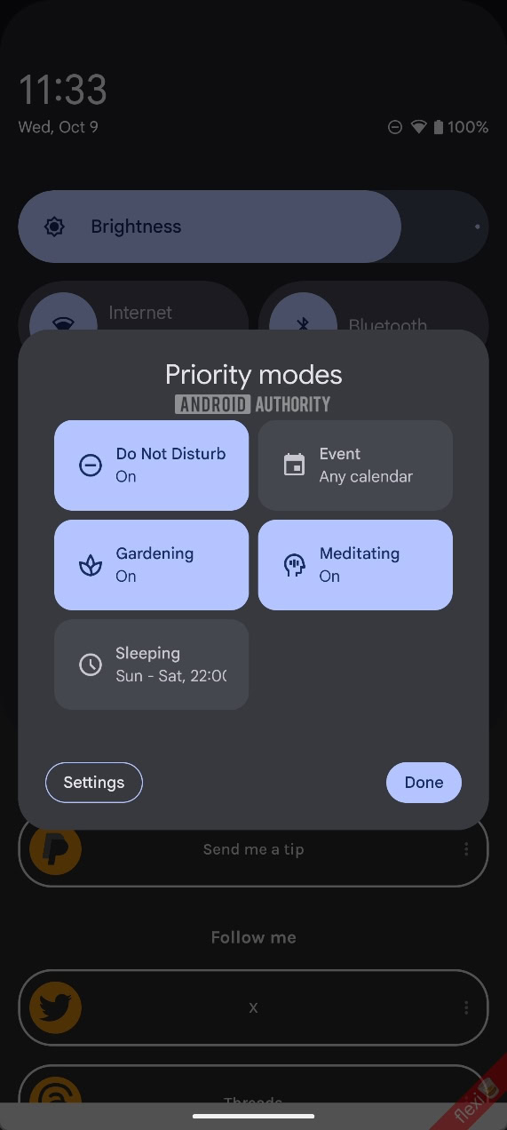 Android 15 QPR1 Beta 2 priority modes QS panel expanded with modes enabled