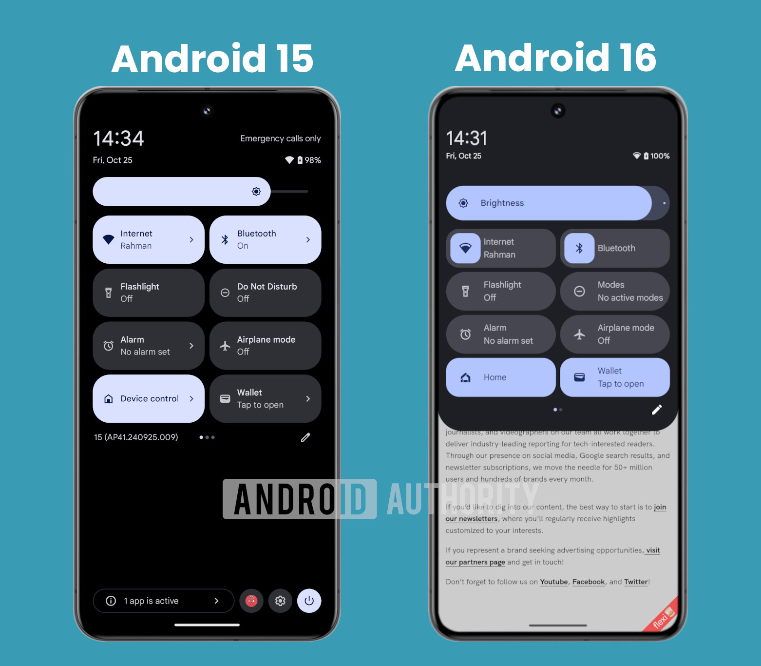 Android 15 vs Android 16 Quick Settings panel Android 15 vs Android 16 Quick Settings panel