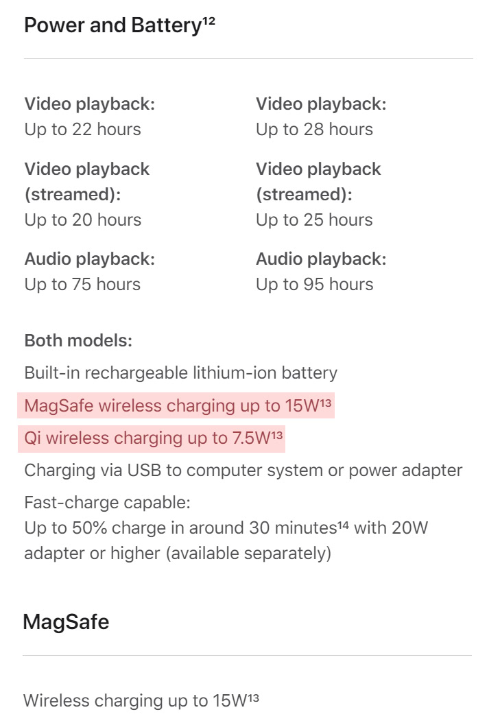 Apple iPhone 13 charging spec sheet