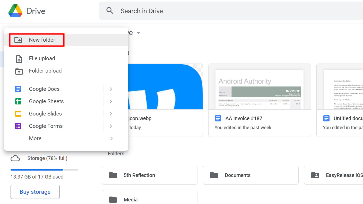 Create new folder on Google Drive Create new folder on Google Drive