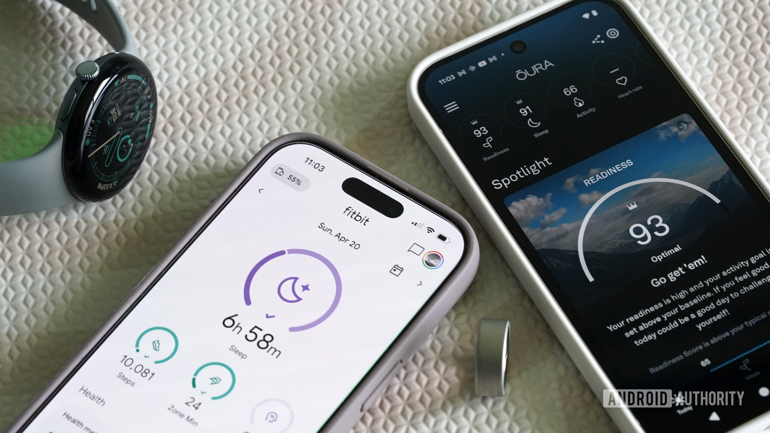 Fitbit vs Oura Companion apps A fitness tracking user reviews their data in the Fitbit and Oura companion apps.