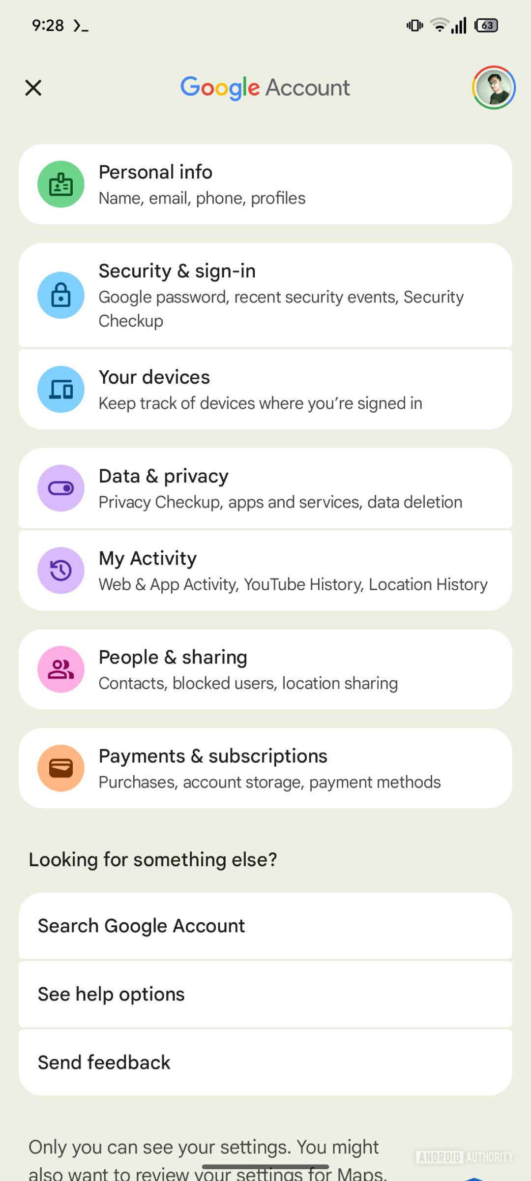 Google account management page with expressive Material Design theme 1