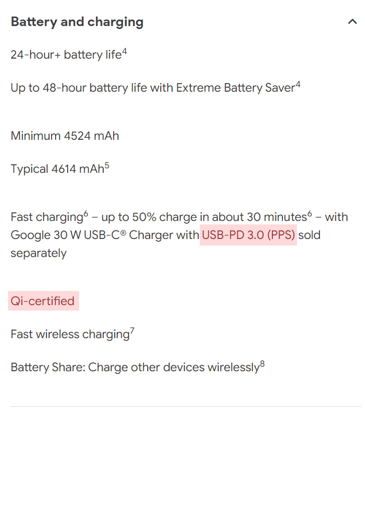 Google Pixel 6 charging spec sheet