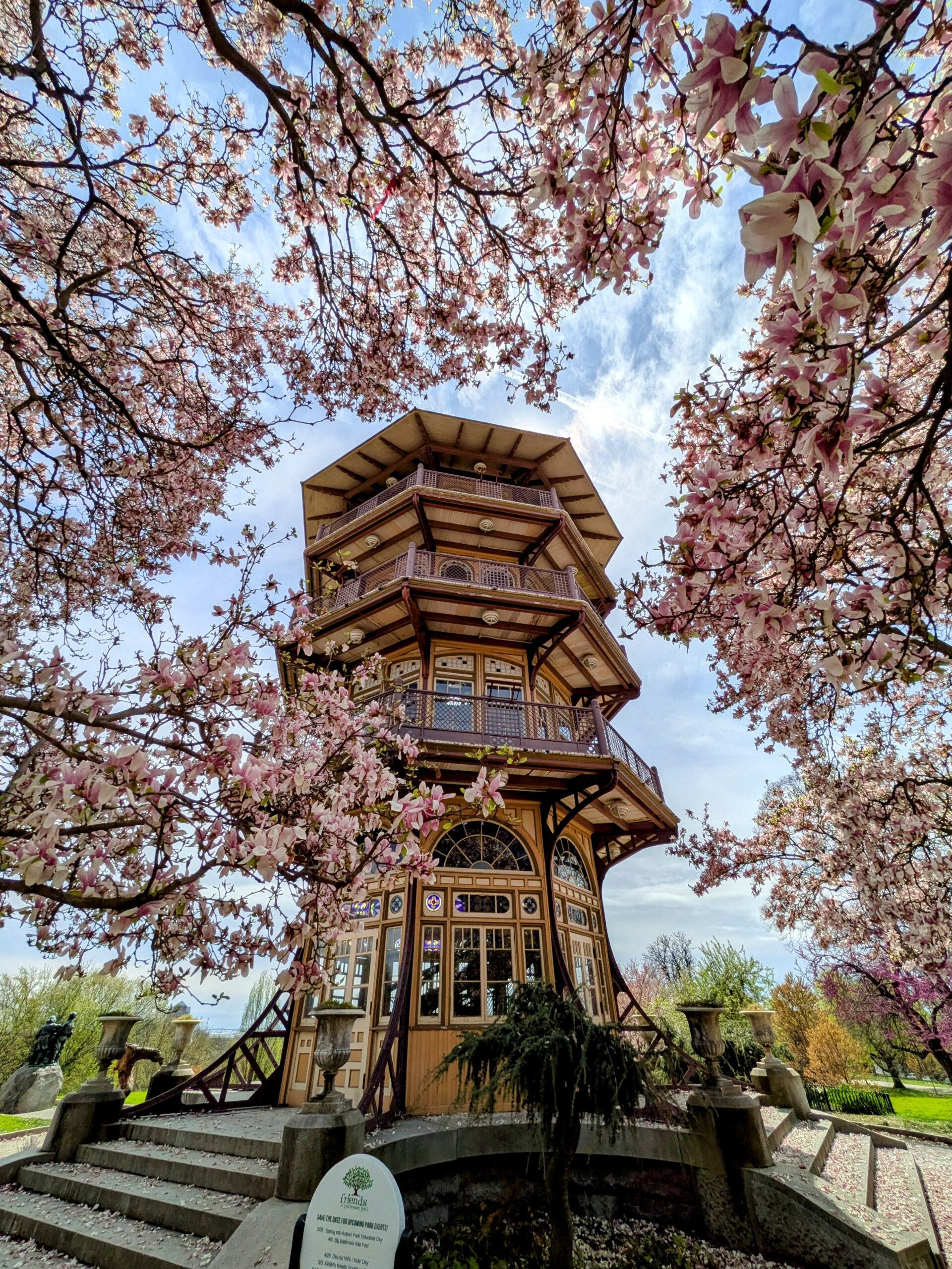 Google Pixel 9a pagoda surrounded by magnolia tree ultrawide enhanced