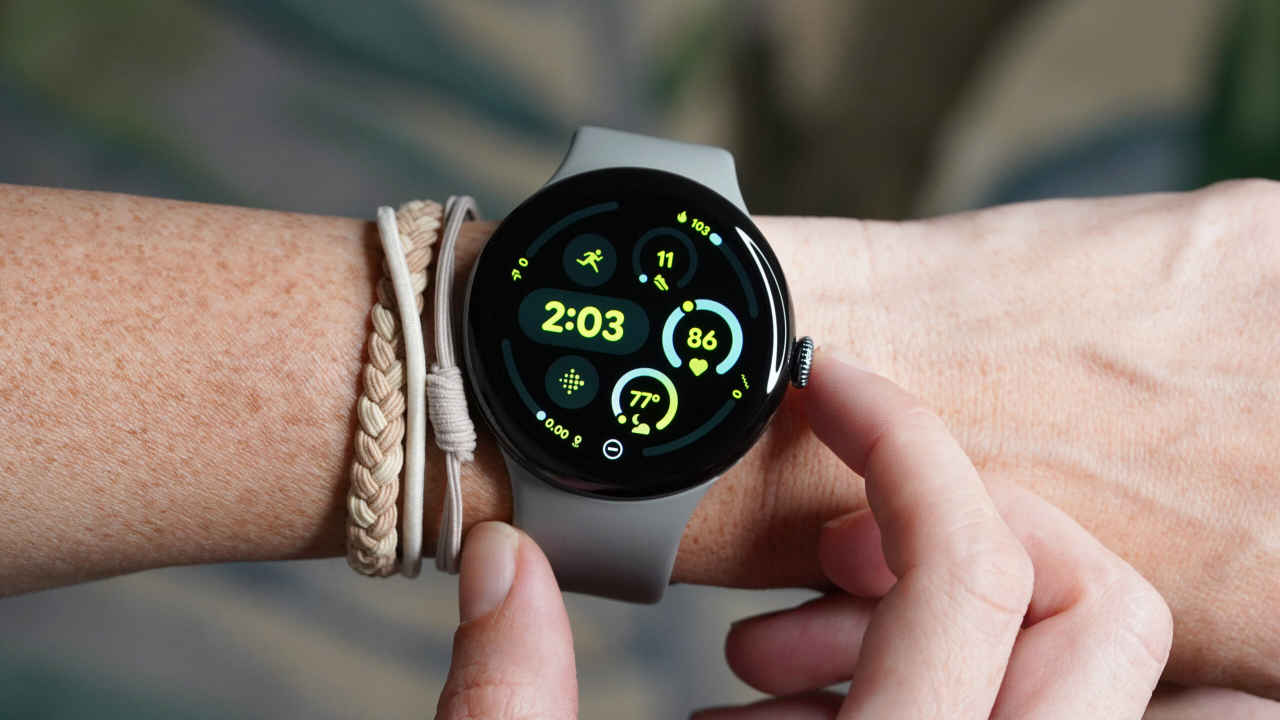 Google Pixel Watch 45mm A 45mm Google Pixel Watch 3 on a user's wrist displays the watch face.