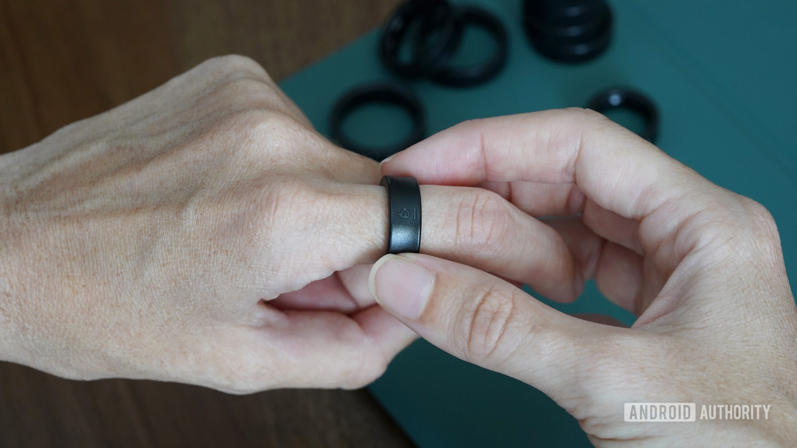 Samsung Galaxy Ring Sizing Kit 6 A furture Samsung Galaxy Ring user tries on a size 6 from the sizing kit.