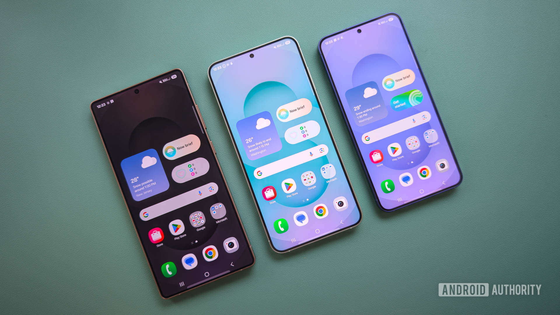 Samsung Galaxy S25 series with home screens showing Samsung Galaxy S25 series with home screens showing