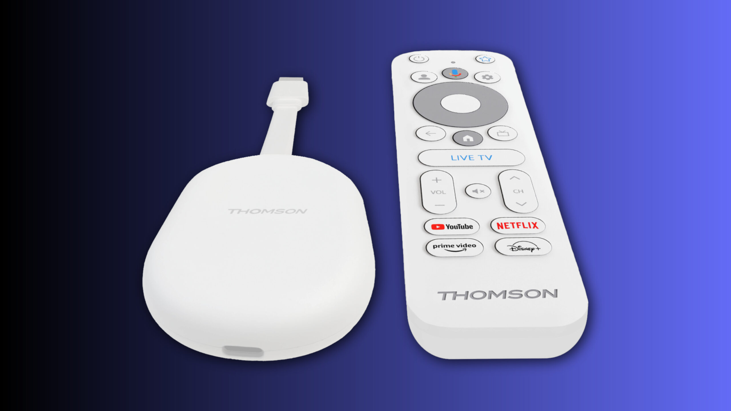 thomson cast 150 render blue background A render of the Thomson 150 Google TV dongle against a blue and black background.