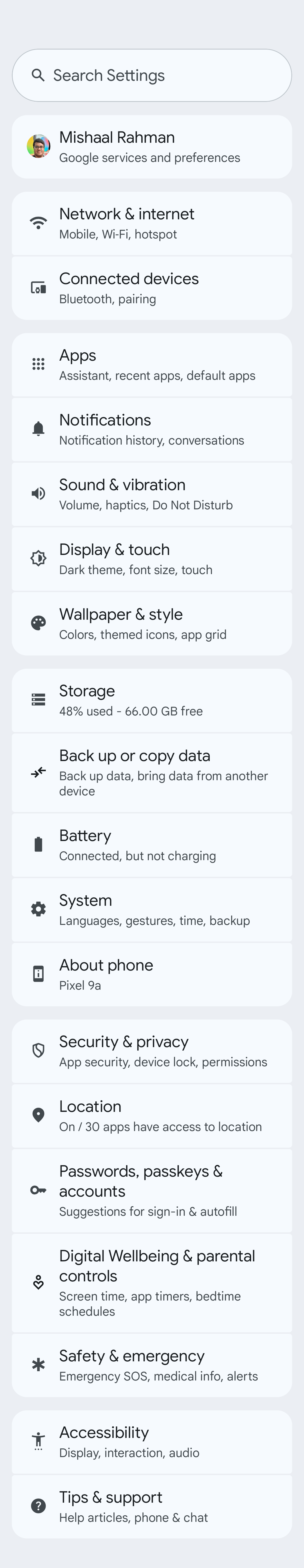 Current top level Settings light design in Android 15