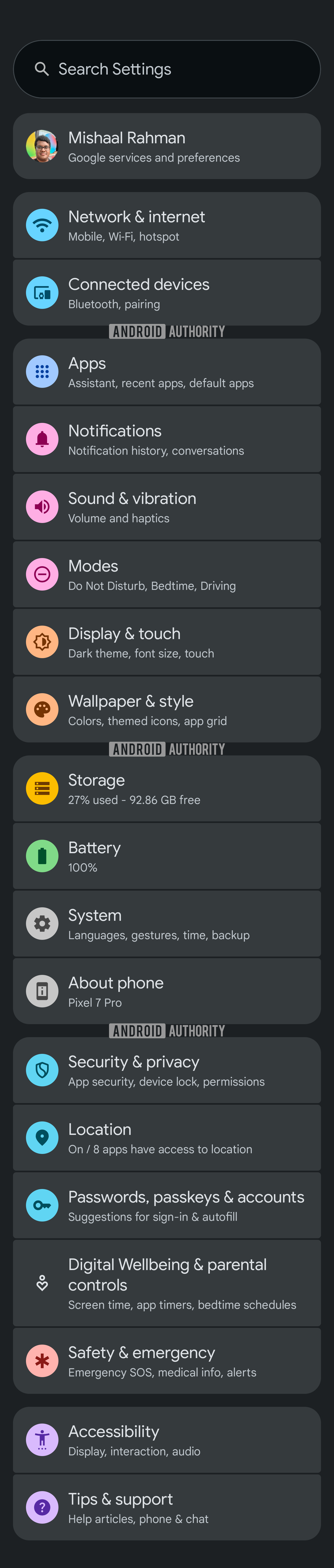 Expressive top level Settings dark design in Android 16 Beta 4